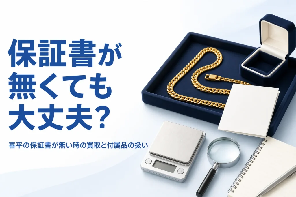 喜平の保証書が無い時の買取と付属品の扱いを表したアイキャッチ