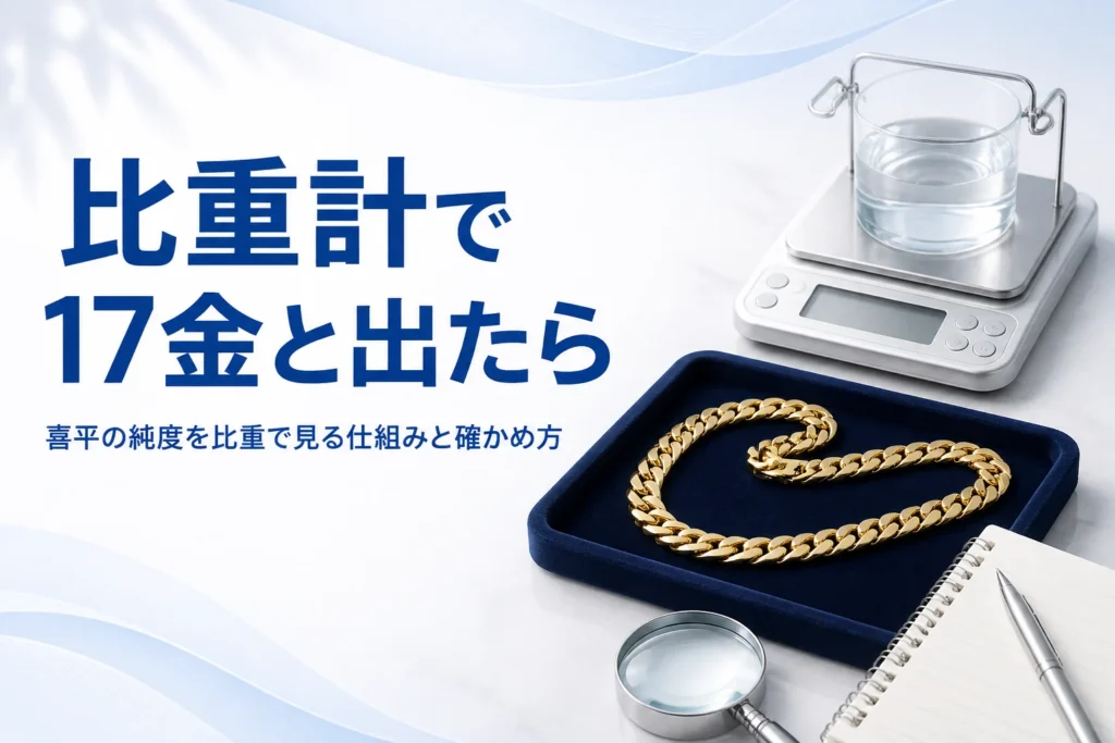 喜平の純度を比重で見る仕組みと、17金と出た時の確かめ方を表したアイキャッチ