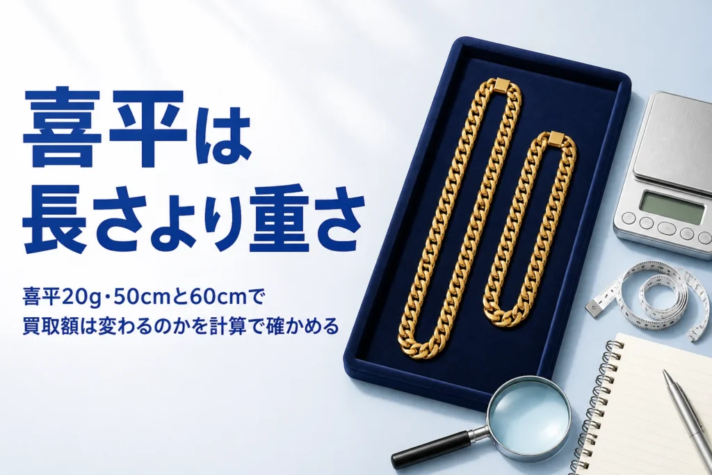 喜平の長さと重さと買取額の関係を表したアイキャッチ