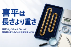 喜平の長さと重さと買取額の関係を表したアイキャッチ