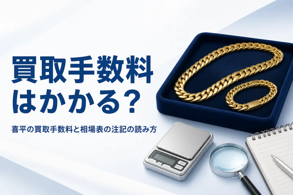 喜平の買取手数料と相場表の注記の読み方を表したアイキャッチ