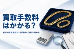 喜平の買取手数料と相場表の注記の読み方を表したアイキャッチ