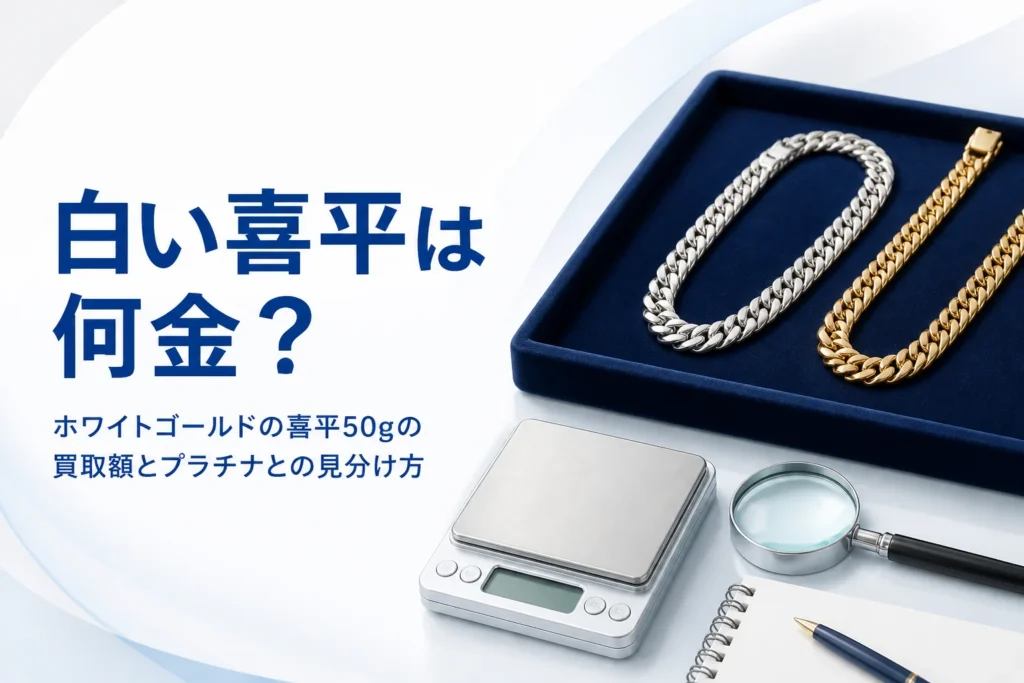 ホワイトゴールドの喜平50gの買取額とプラチナとの見分け方を表したアイキャッチ